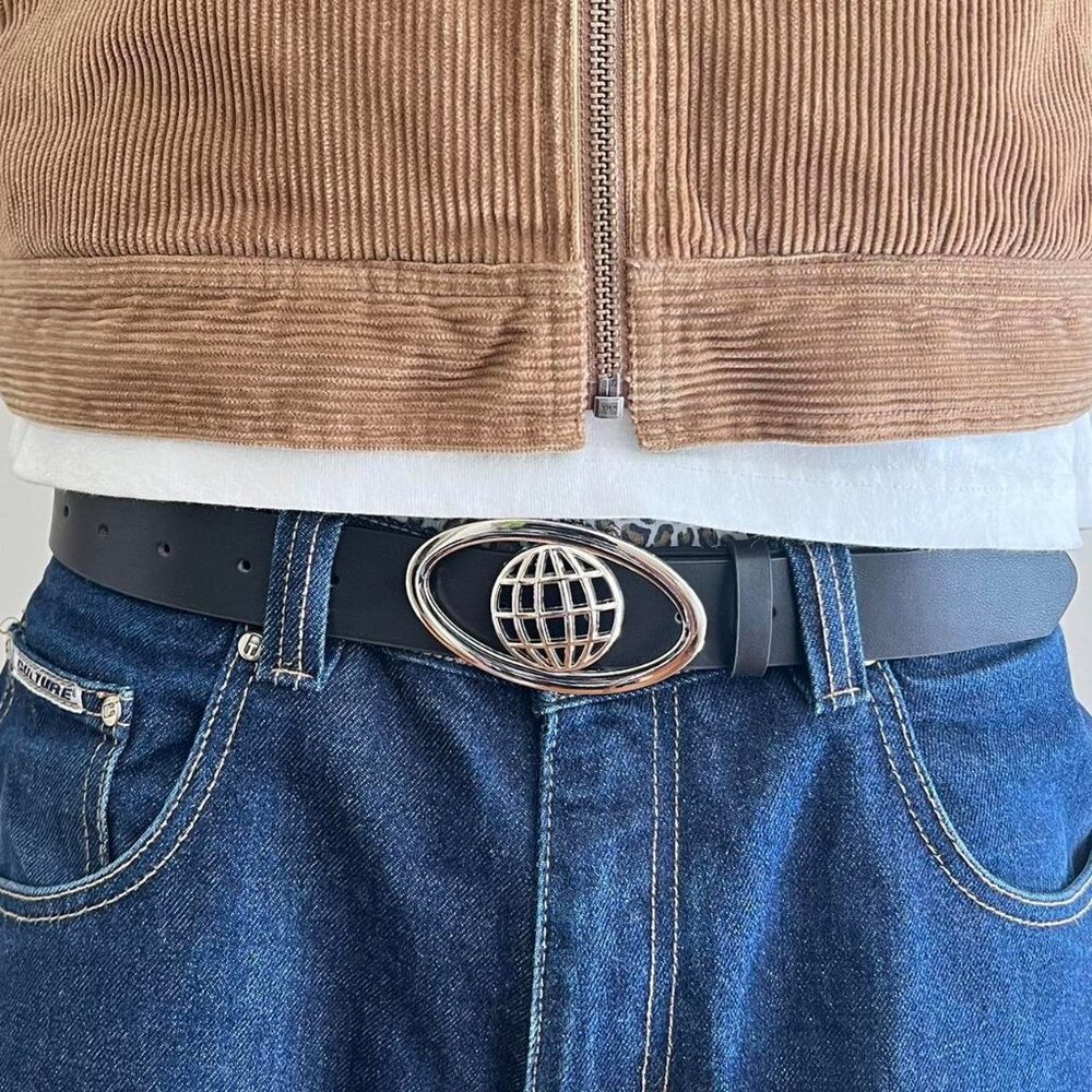 y2k 2000s chrome worldwide futuristic emblem black and silver grunge emo belt - Picture 2 of 8